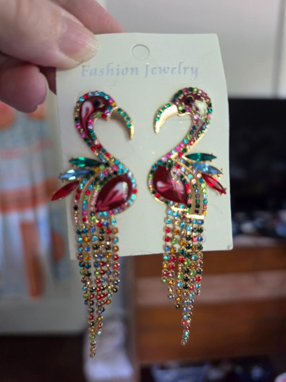 Statement Multicolored Flamingo Dangle/Drop Rhinestone Earrings 3¾" drop